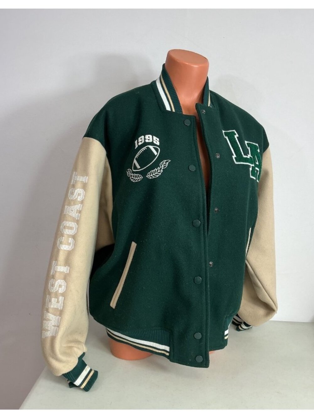 Varsity Letterman Jacket Green & Tan Coat Womens Small